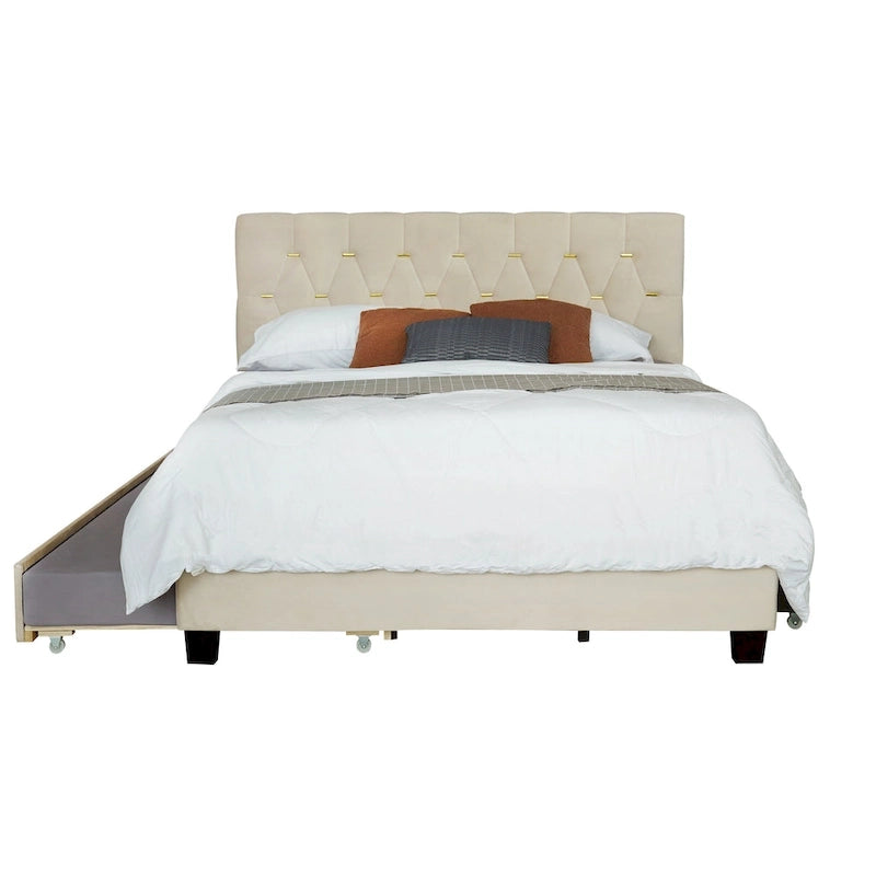 Lit plateforme Queen Size avec tête de lit capitonnée dorée, lit gigogne et rangement (capacité de 272 kg)