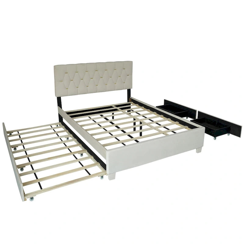 Lit plateforme Queen Size avec tête de lit capitonnée dorée, lit gigogne et rangement (capacité de 272 kg)