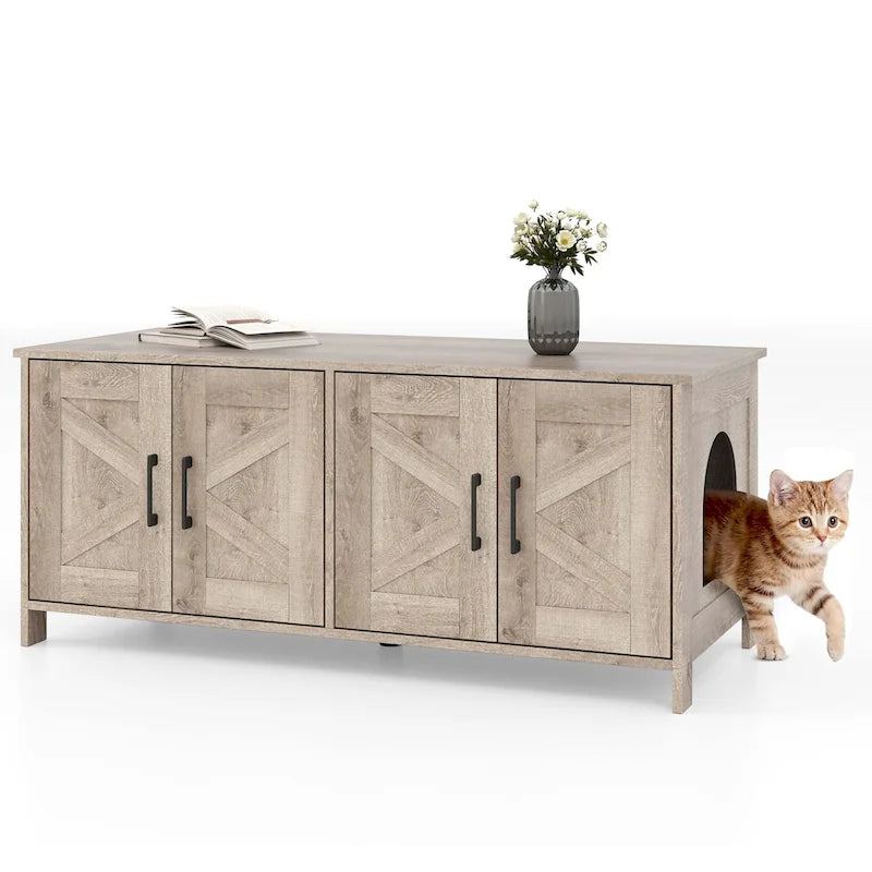 Enclos pour litière Gymax pour 2 chats avec double compartiment, en bois.