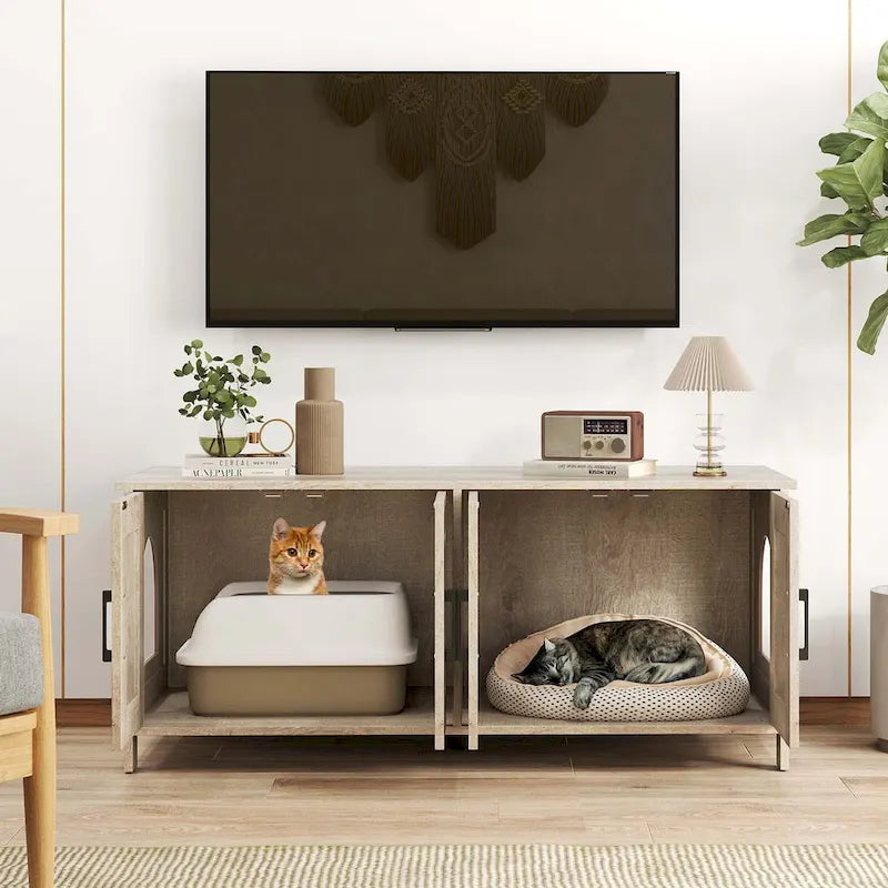 Enclos pour litière Gymax pour 2 chats avec double compartiment, en bois.