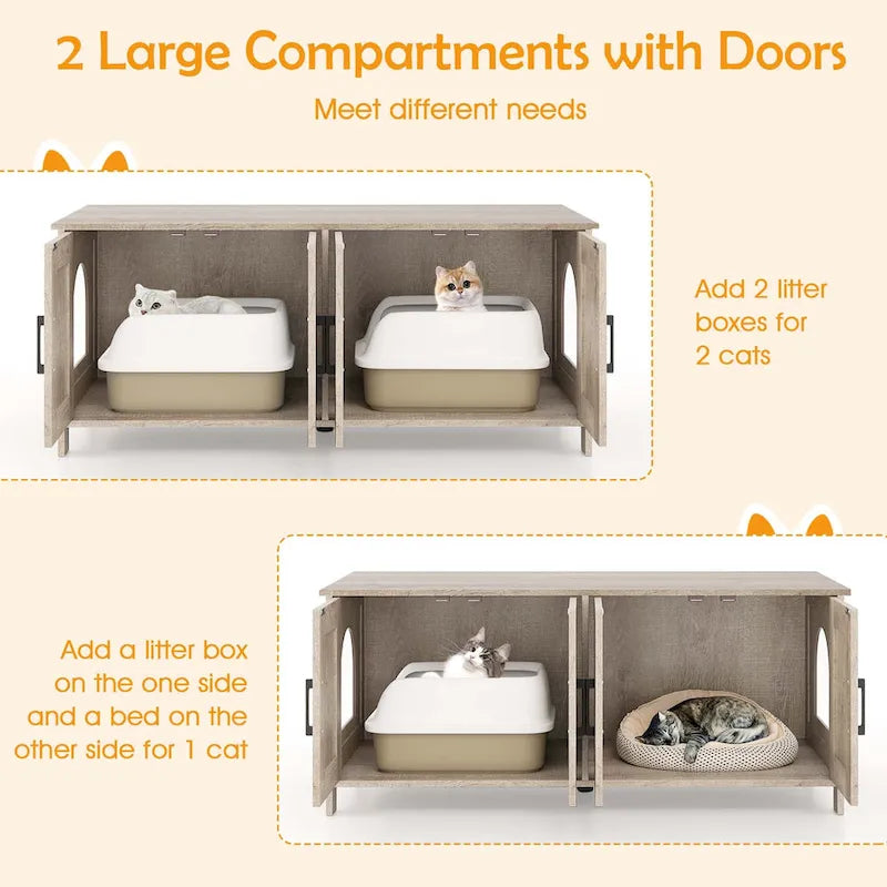 Enclos pour litière Gymax pour 2 chats avec double compartiment, en bois.