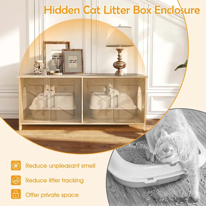 Enclos pour litière Gymax pour 2 chats avec double compartiment, en bois.