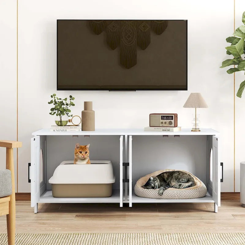 Enclos pour litière Gymax pour 2 chats avec double compartiment, en bois.