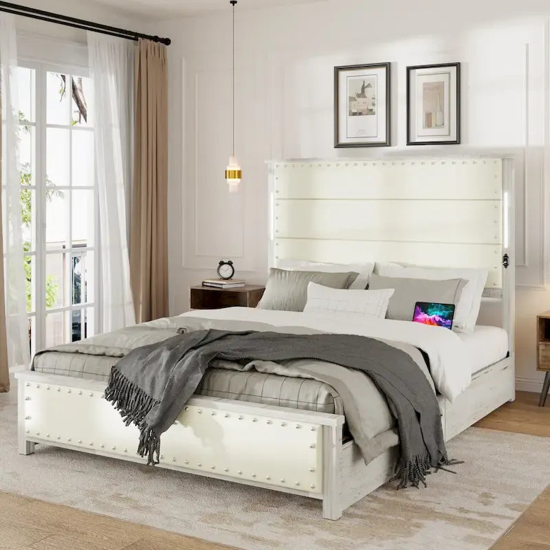 Cadre de lit HEBZON Queen Size en MDF blanc et métal avec tête de lit rembourrée et 4 tiroirs de rangement