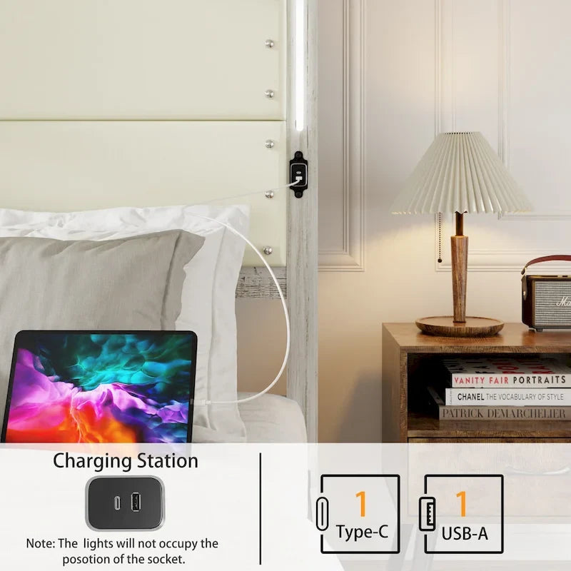 Cadre de lit HEBZON Queen Size en MDF blanc et métal avec tête de lit rembourrée et 4 tiroirs de rangement