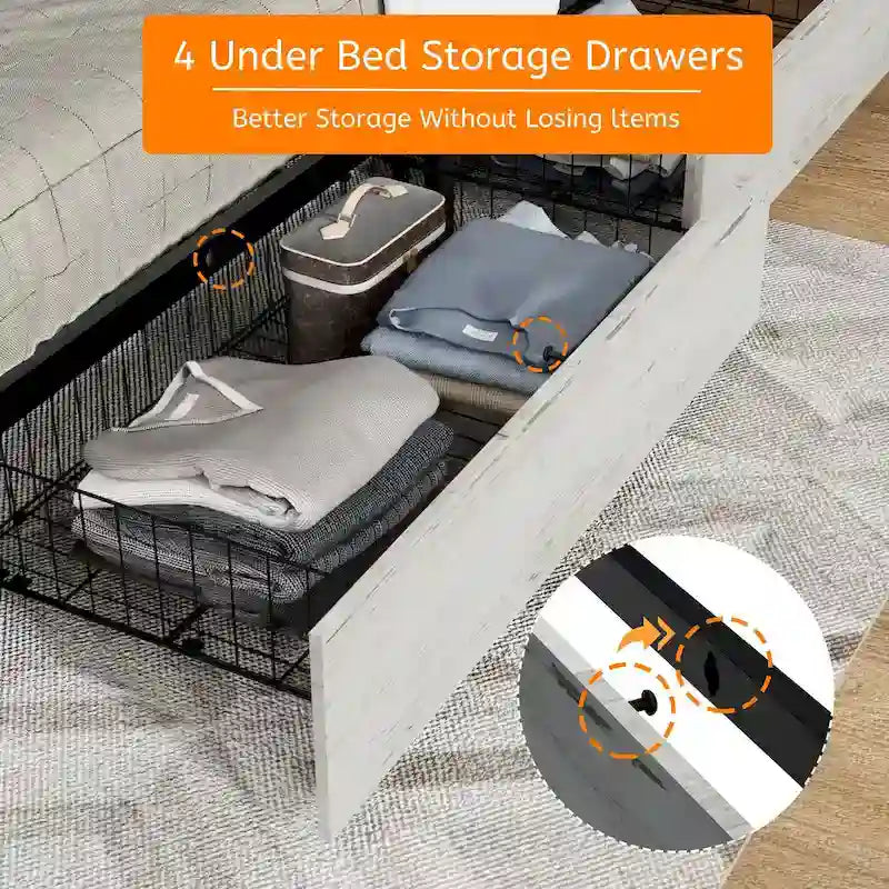 Cadre de lit HEBZON Queen Size en MDF blanc et métal avec tête de lit rembourrée et 4 tiroirs de rangement