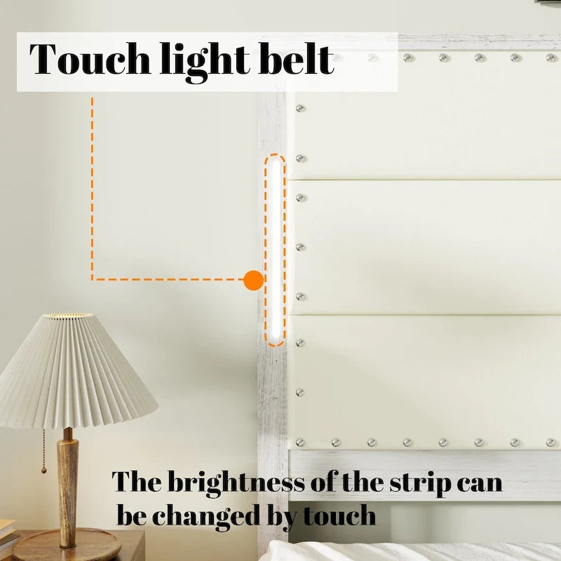 Cadre de lit HEBZON Queen Size en MDF blanc et métal avec tête de lit rembourrée et 4 tiroirs de rangement