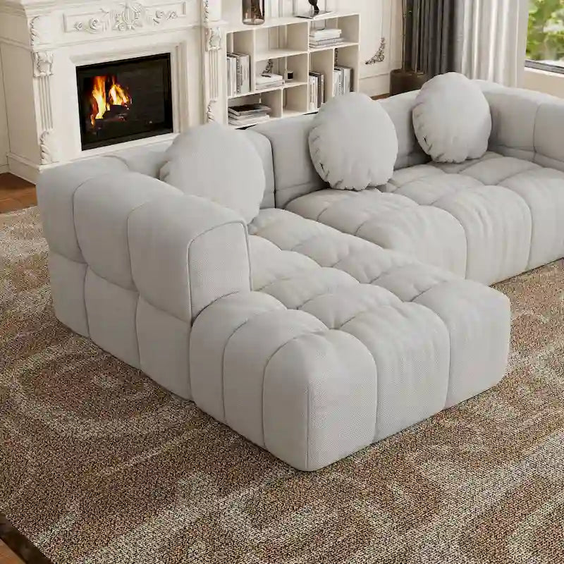 Canapé d'angle en chenille 103 avec fauteuil inclinable à gauche, 3 coussins et design modulable