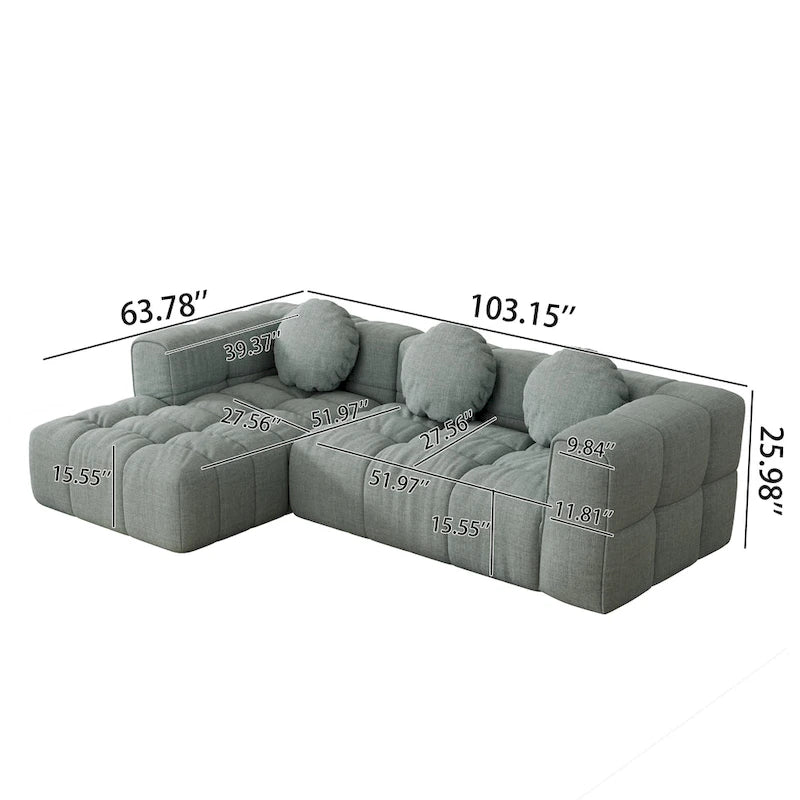Canapé d'angle en chenille 103 avec fauteuil inclinable à gauche, 3 coussins et design modulable