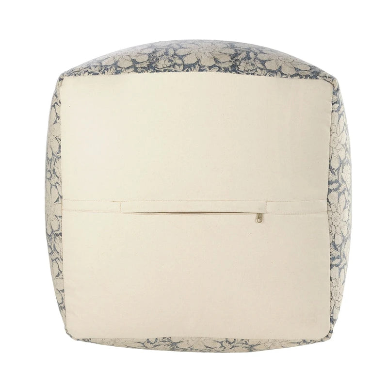 Pouf carré ottoman fait main, bleu marine et blanc à motifs floraux, 20 cm.
