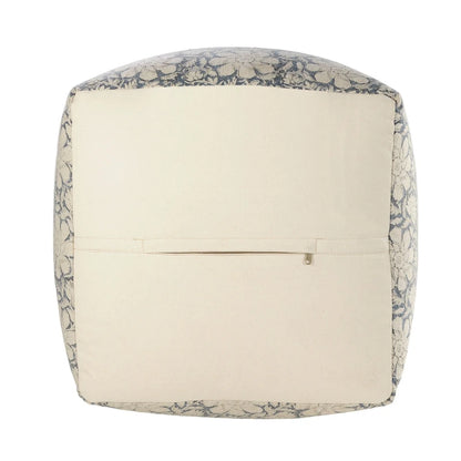 Pouf carré ottoman fait main, bleu marine et blanc à motifs floraux, 20 cm.