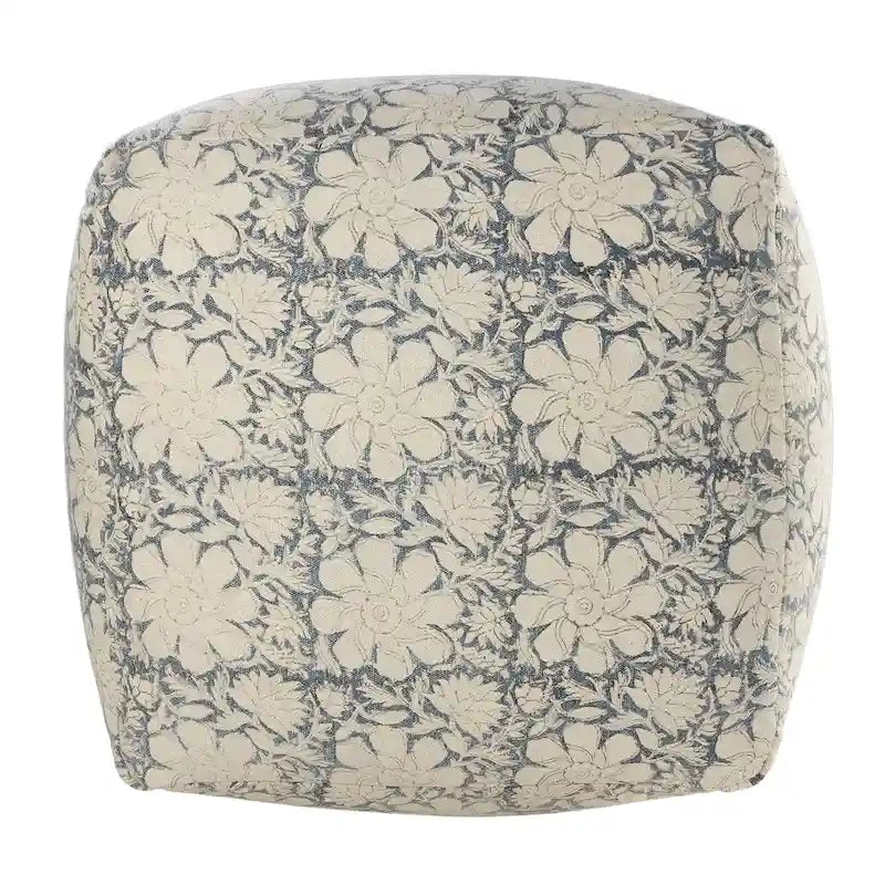 Pouf carré ottoman fait main, bleu marine et blanc à motifs floraux, 20 cm.