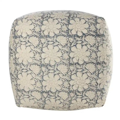 Pouf carré ottoman fait main, bleu marine et blanc à motifs floraux, 20 cm.