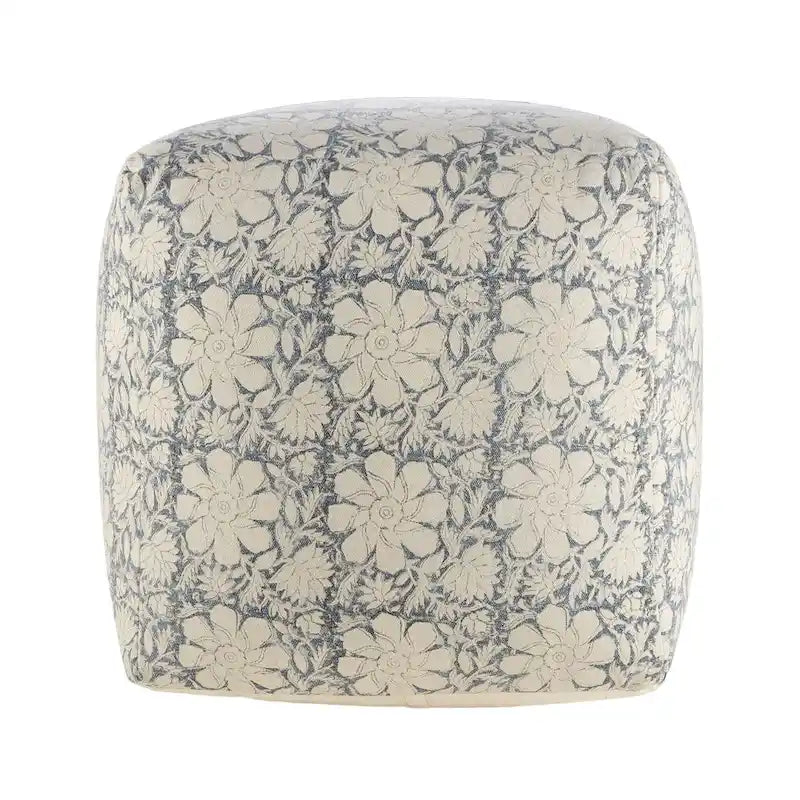 Pouf carré ottoman fait main, bleu marine et blanc à motifs floraux, 20 cm.