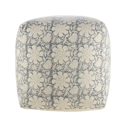 Pouf carré ottoman fait main, bleu marine et blanc à motifs floraux, 20 cm.