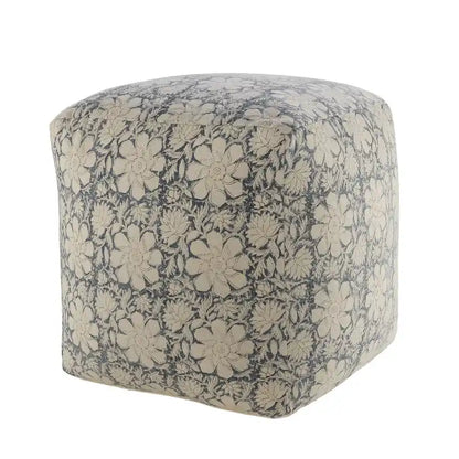 Pouf carré ottoman fait main, bleu marine et blanc à motifs floraux, 20 cm.