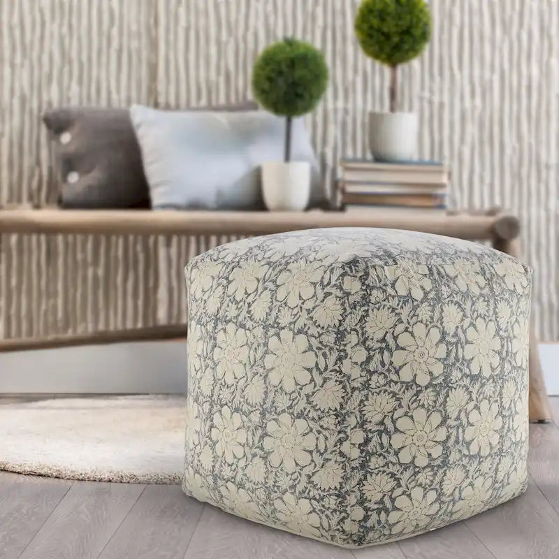Pouf carré ottoman fait main, bleu marine et blanc à motifs floraux, 20 cm.