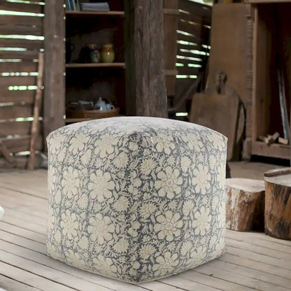 Pouf carré ottoman fait main, bleu marine et blanc à motifs floraux, 20 cm.