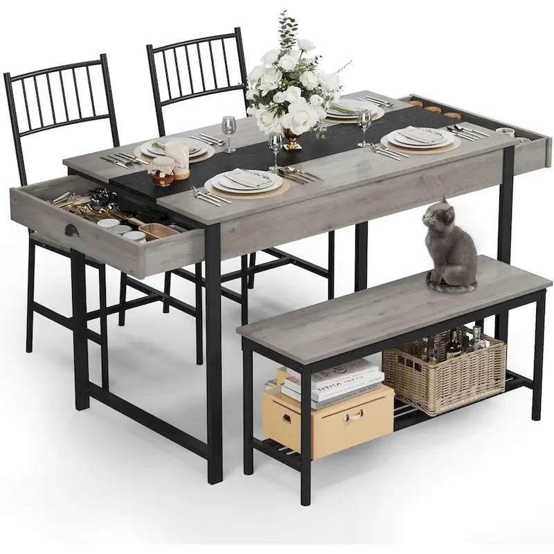 Ensemble table et chaises pour 4 personnes, comprenant une table de cuisine en bois, 2 chaises et un banc.