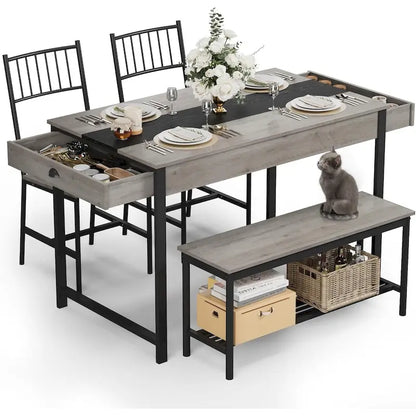 Ensemble table et chaises pour 4 personnes, comprenant une table de cuisine en bois, 2 chaises et un banc.