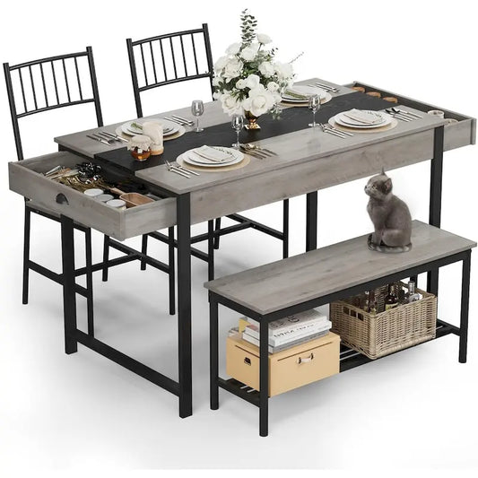 Dining Table Set for 4, Wooden Kitchen Table with with 2 Chairs and a Long Bench