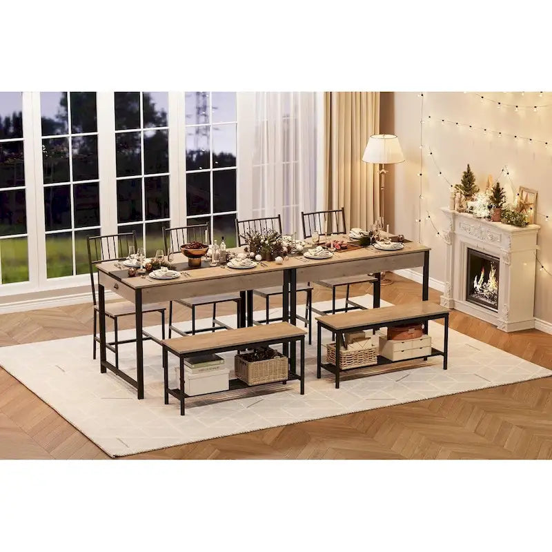 Ensemble table et chaises pour 4 personnes, comprenant une table de cuisine en bois, 2 chaises et un banc.