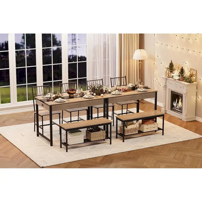 Ensemble table et chaises pour 4 personnes, comprenant une table de cuisine en bois, 2 chaises et un banc.