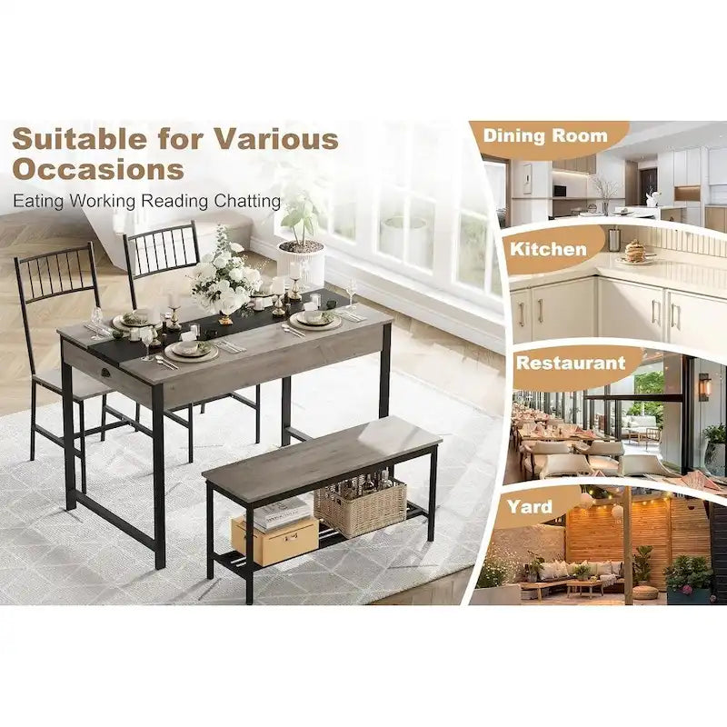 Ensemble table et chaises pour 4 personnes, comprenant une table de cuisine en bois, 2 chaises et un banc.