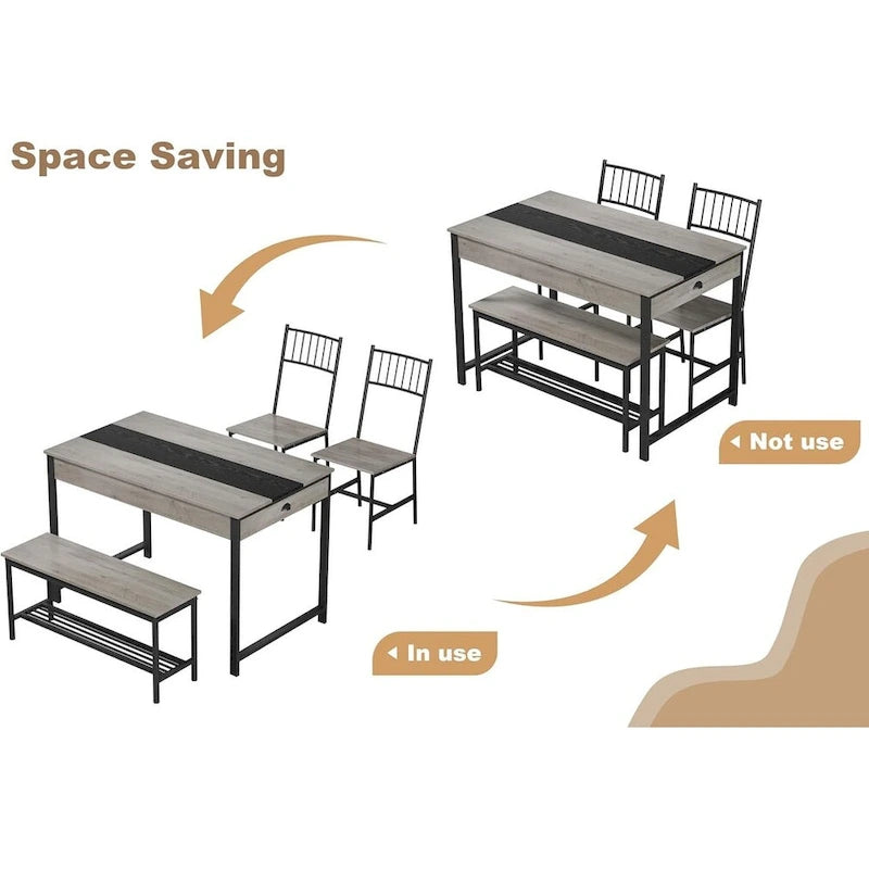 Ensemble table et chaises pour 4 personnes, comprenant une table de cuisine en bois, 2 chaises et un banc.