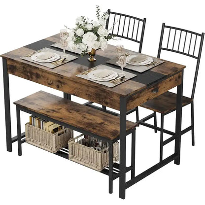Ensemble table et chaises pour 4 personnes, comprenant une table de cuisine en bois, 2 chaises et un banc.