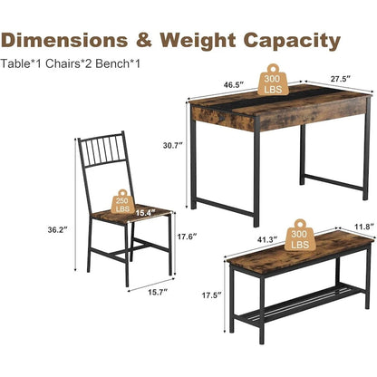 Ensemble table et chaises pour 4 personnes, comprenant une table de cuisine en bois, 2 chaises et un banc.