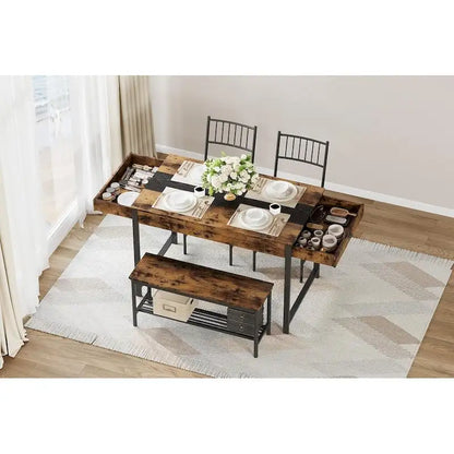 Ensemble table et chaises pour 4 personnes, comprenant une table de cuisine en bois, 2 chaises et un banc.