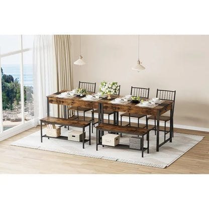 Ensemble table et chaises pour 4 personnes, comprenant une table de cuisine en bois, 2 chaises et un banc.