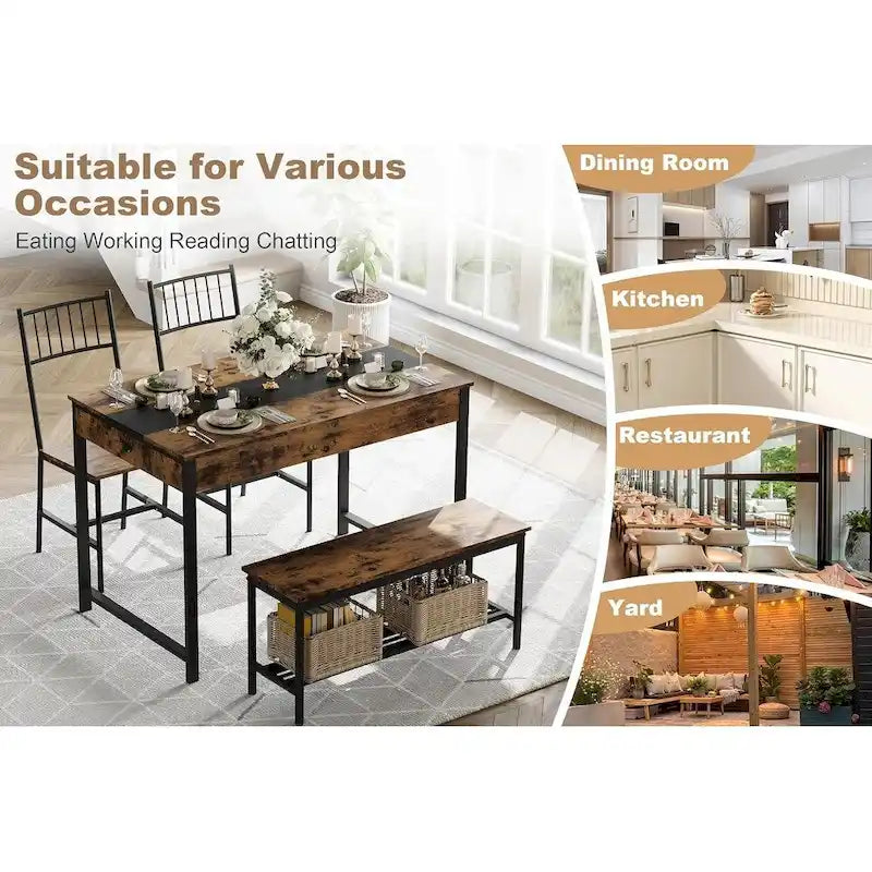 Ensemble table et chaises pour 4 personnes, comprenant une table de cuisine en bois, 2 chaises et un banc.
