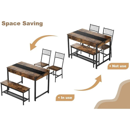 Ensemble table et chaises pour 4 personnes, comprenant une table de cuisine en bois, 2 chaises et un banc.