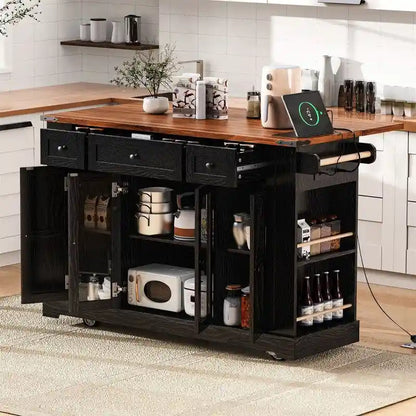Îlot de cuisine avec abattant, 3 tiroirs et 5 étagères latérales ouvertes, chariot de cuisine à roulettes avec 2 portes d'armoire en verre trempé et prise électrique