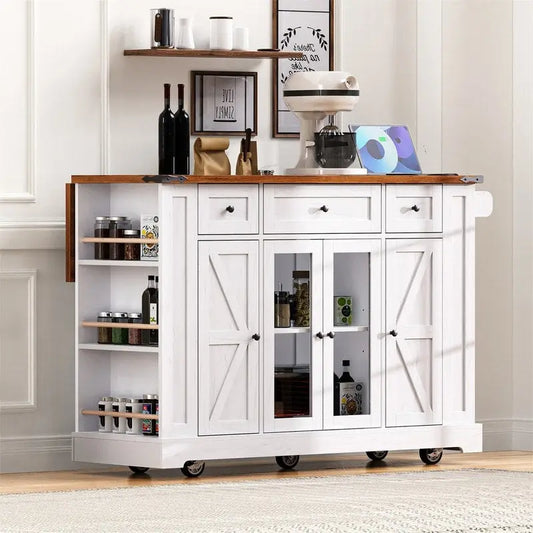 Îlot de cuisine avec abattant, 3 tiroirs et 5 étagères latérales ouvertes, chariot de cuisine à roulettes avec 2 portes d'armoire en verre trempé et prise électrique