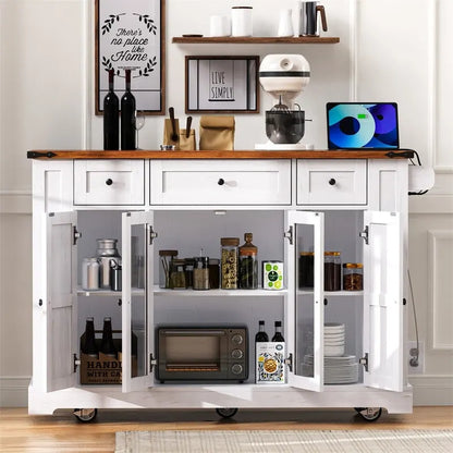 Îlot de cuisine avec abattant, 3 tiroirs et 5 étagères latérales ouvertes, chariot de cuisine à roulettes avec 2 portes d'armoire en verre trempé et prise électrique