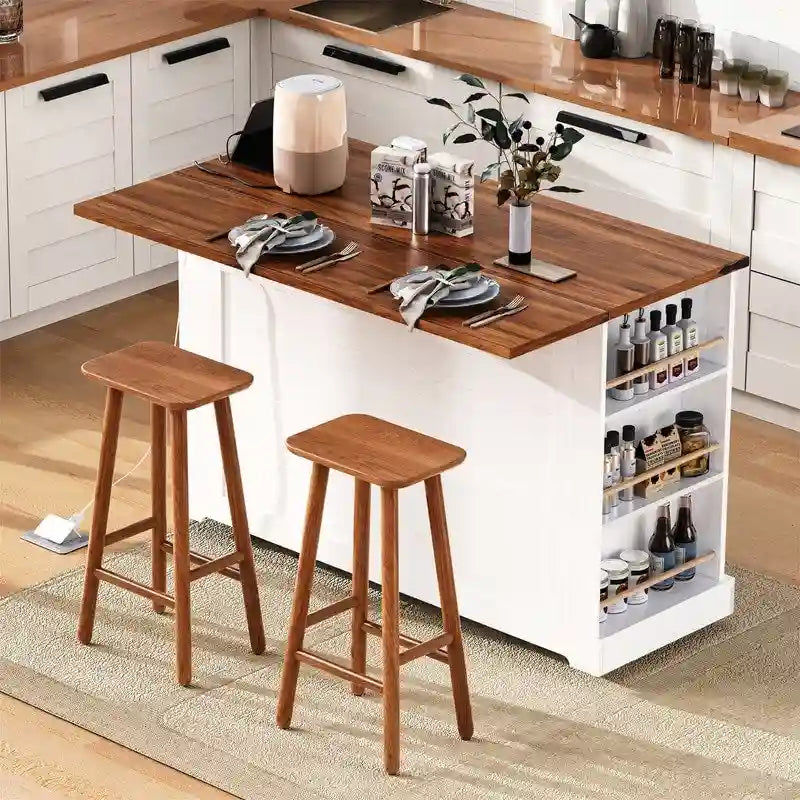Îlot de cuisine avec abattant, 3 tiroirs et 5 étagères latérales ouvertes, chariot de cuisine à roulettes avec 2 portes d'armoire en verre trempé et prise électrique