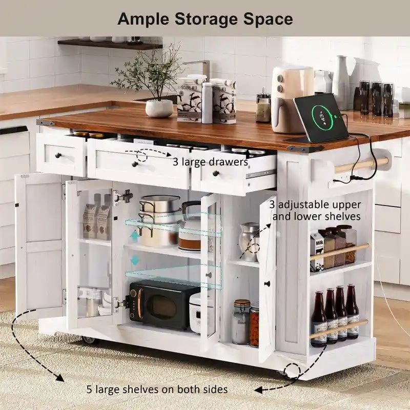 Îlot de cuisine avec abattant, 3 tiroirs et 5 étagères latérales ouvertes, chariot de cuisine à roulettes avec 2 portes d'armoire en verre trempé et prise électrique