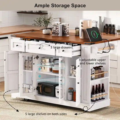 Îlot de cuisine avec abattant, 3 tiroirs et 5 étagères latérales ouvertes, chariot de cuisine à roulettes avec 2 portes d'armoire en verre trempé et prise électrique