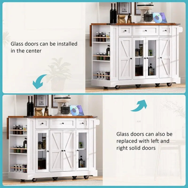 Îlot de cuisine avec abattant, 3 tiroirs et 5 étagères latérales ouvertes, chariot de cuisine à roulettes avec 2 portes d'armoire en verre trempé et prise électrique