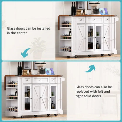 Îlot de cuisine avec abattant, 3 tiroirs et 5 étagères latérales ouvertes, chariot de cuisine à roulettes avec 2 portes d'armoire en verre trempé et prise électrique