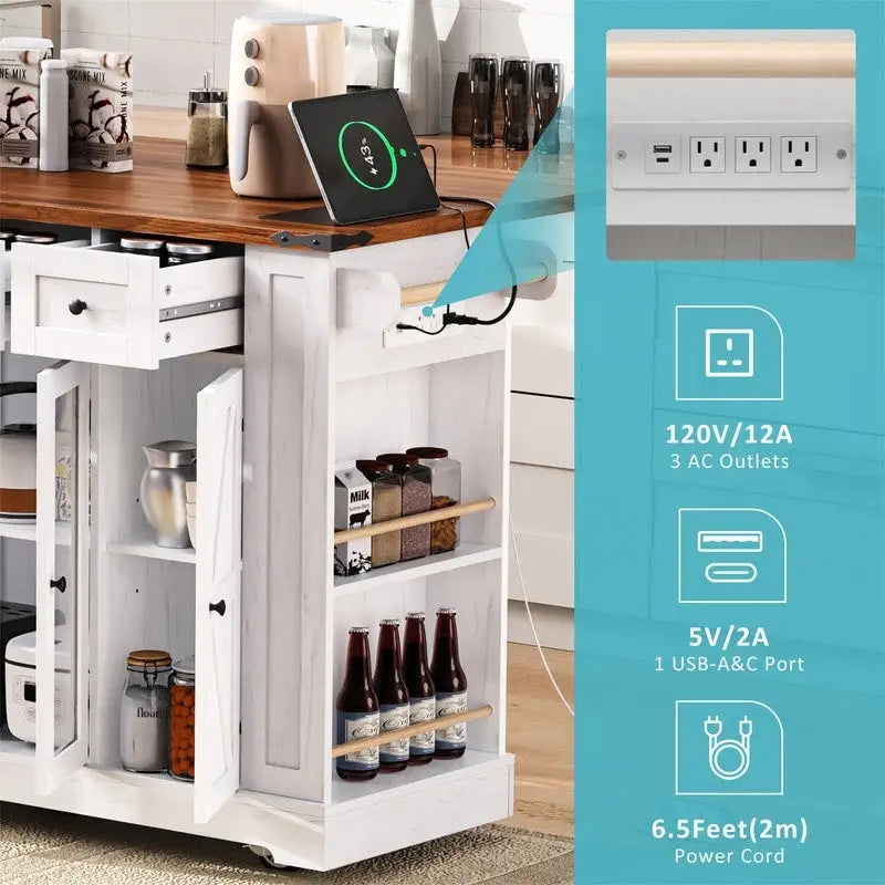 Îlot de cuisine avec abattant, 3 tiroirs et 5 étagères latérales ouvertes, chariot de cuisine à roulettes avec 2 portes d'armoire en verre trempé et prise électrique