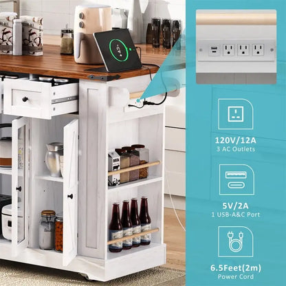 Îlot de cuisine avec abattant, 3 tiroirs et 5 étagères latérales ouvertes, chariot de cuisine à roulettes avec 2 portes d'armoire en verre trempé et prise électrique