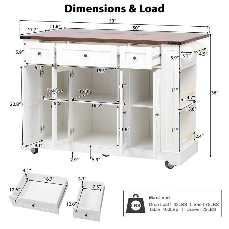 Îlot de cuisine avec abattant, 3 tiroirs et 5 étagères latérales ouvertes, chariot de cuisine à roulettes avec 2 portes d'armoire en verre trempé et prise électrique