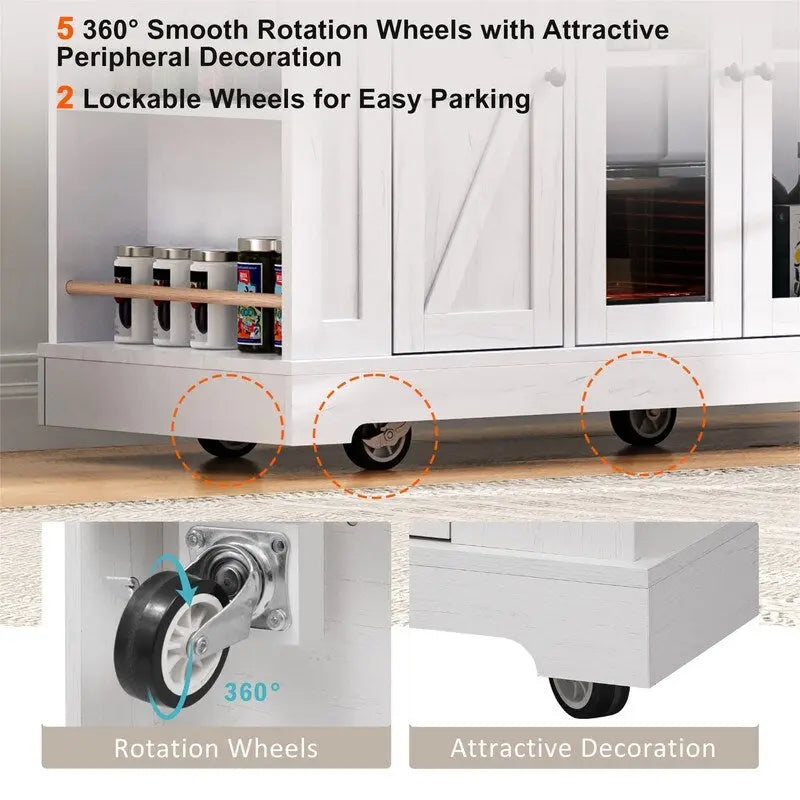 Îlot de cuisine avec abattant, 3 tiroirs et 5 étagères latérales ouvertes, chariot de cuisine à roulettes avec 2 portes d'armoire en verre trempé et prise électrique