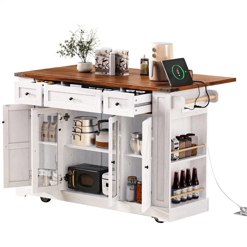 Îlot de cuisine avec abattant, 3 tiroirs et 5 étagères latérales ouvertes, chariot de cuisine à roulettes avec 2 portes d'armoire en verre trempé et prise électrique