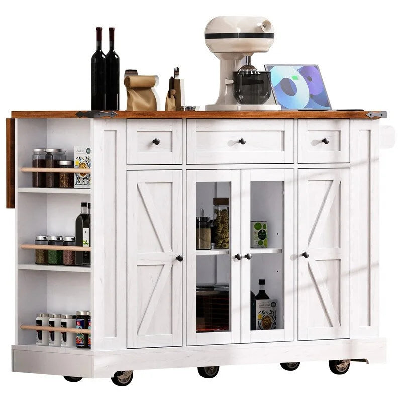 Îlot de cuisine avec abattant, 3 tiroirs et 5 étagères latérales ouvertes, chariot de cuisine à roulettes avec 2 portes d'armoire en verre trempé et prise électrique