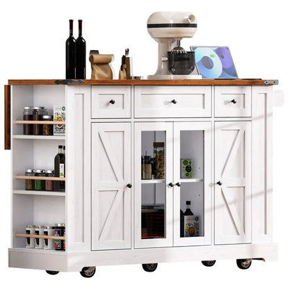 Îlot de cuisine avec abattant, 3 tiroirs et 5 étagères latérales ouvertes, chariot de cuisine à roulettes avec 2 portes d'armoire en verre trempé et prise électrique
